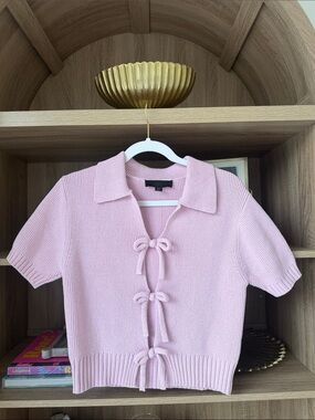 Zara Pastel Pink Knit Tie-Front Collared Short Sleeve Top